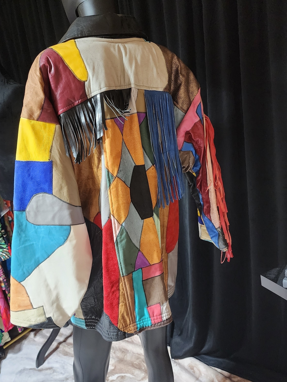 Vintage 80s Patchwork Leather Fringe Jacket Oversized Western Boho M/L - Picture 12 of 16